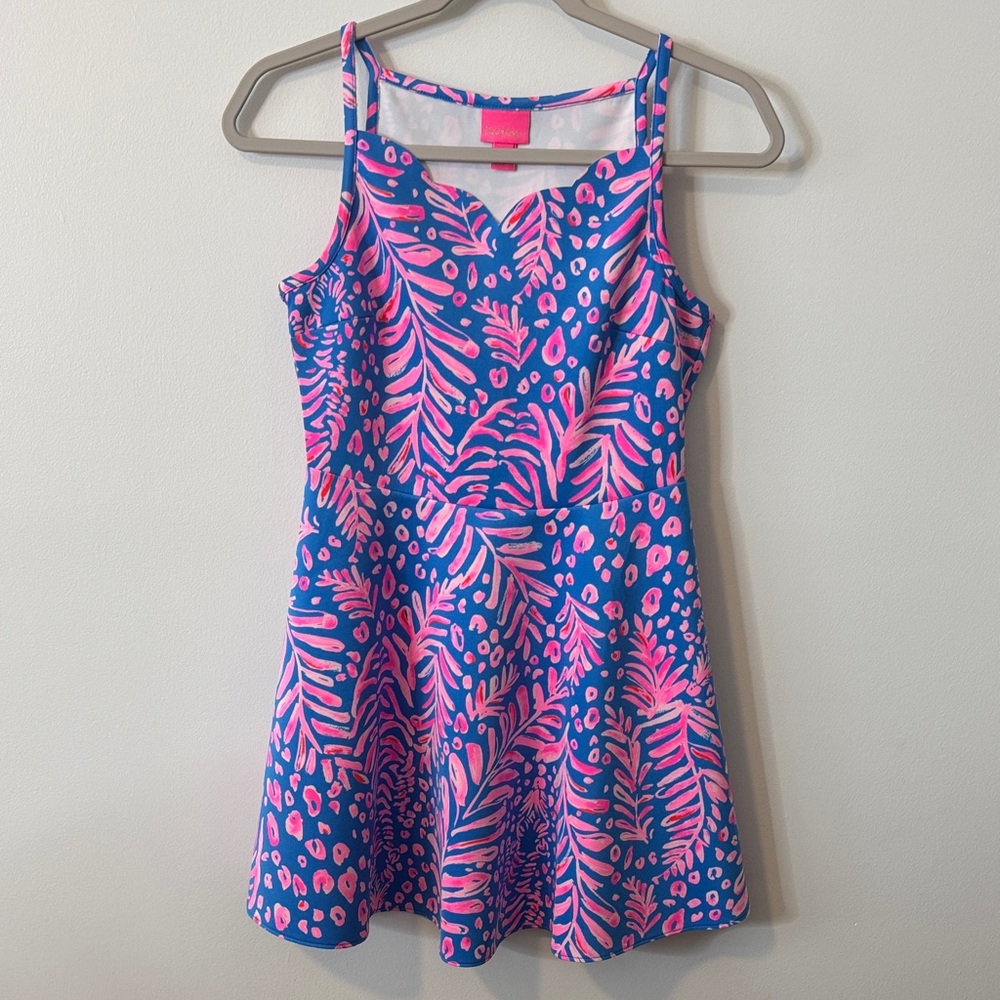 Lilly Pulitzer Blue and Pink Leaf Print Dress, Size 14